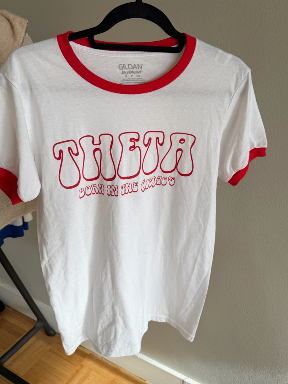 Gildan White Tee with Red Ringer Trim and 'Theta' Graphic